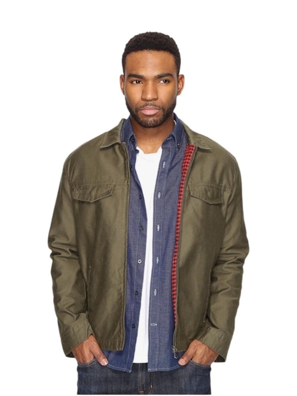 Levis Mens Harrington Trucker Jacket Buffalo Plaid Lining Olive Cotton Medium